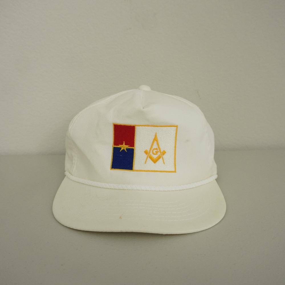 Vintage 90s Texas Freemason Masonic Square Compass Rope Brim Snapback Hat White